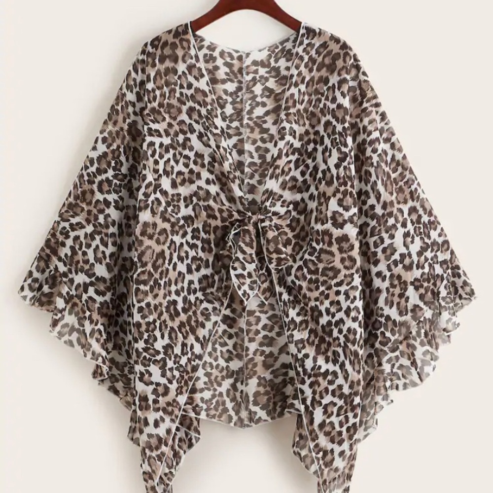 NEW! Plus Leopard Knot Front Asymmetrical Kimono